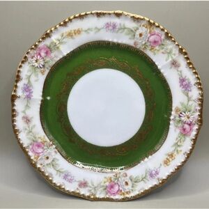Elite Limoges France P&B Dessert Plates Green Floral Gold Trim Set of 3 Antique